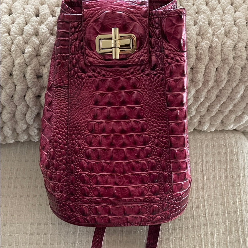 Brahmin-Embossed Backpack - Rich pomagranate color.
